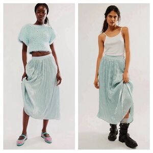 FREE PEOPLE Vera City Crinkle Pleated Skirt Seaglass Blue Green Aqua Sz 8
